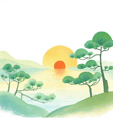 JPG 나무 컬러 일러스트 자연 하늘 나뭇잎 그림자 풍경 물 여름 빛 태양 평화 일출 일몰 시간 소나무 물가 수면 저녁 언덕 경관 국내일러스트 AI일러스트 AI콘텐츠 자연요소 식물 계절 컨셉 잎 노을 야간 생태계 파일형식