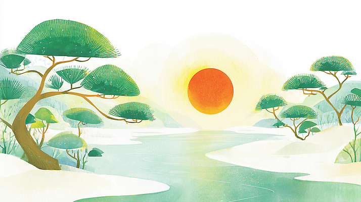 JPG 나무 여행 일러스트 자연 하늘 수채화 풍경 초록색 물 강 햇빛 태양 평화 일출 소나무 수면 숲 그림 조화 밝은색 뷰티풀 국내일러스트 AI일러스트 AI콘텐츠 자연요소 식물 컬러 컨셉 노을 생태계 파일형식