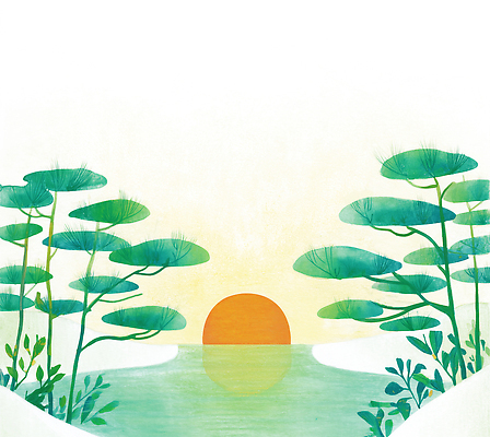 JPG 나무 식물 호수 일러스트 자연 수채화 풍경 일상 초록색 여름 파란색 태양 반사 일출 주황색 일몰 소나무 수면 수중식물 그림 조경 뷰티풀 국내일러스트 AI일러스트 AI콘텐츠 자연요소 계절 컬러 라이프 물 노을 생태계 파일형식