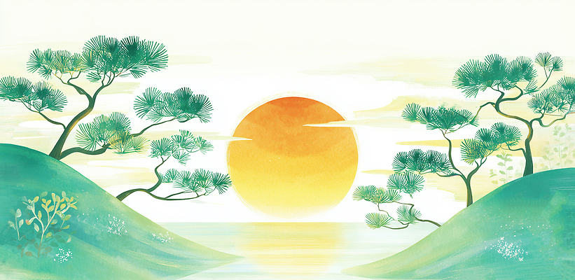 JPG 나무 식물 컬러 일러스트 자연 하늘 조명 산 풍경 물 햇빛 태양 일출 대기 소나무 원형 수면 언덕 차분 국내일러스트 AI일러스트 AI콘텐츠 자연요소 도형 컨셉 노을 생태계 파일형식