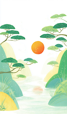 JPG 나무 컬러 일러스트 자연 하늘 산 풍경 초록색 물 강 태양 노란색 평화 일출 일몰 흐름 소나무 땅 그림 조경 차분 국내일러스트 AI일러스트 AI콘텐츠 자연요소 식물 컨셉 노을 생태계 파일형식