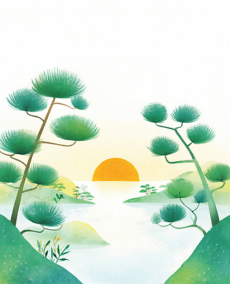 JPG 나무 식물 여유 바다 컬러 섬 일러스트 자연 하늘 산 풍경 태양 일출 일몰 감상 신선 소나무 언덕 장면 조화 수평선 국내일러스트 AI일러스트 AI콘텐츠 자연요소 감정 노을 생태계 파일형식