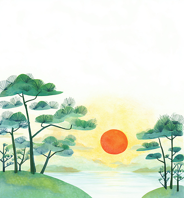 JPG 나무 일러스트 자연 하늘 산 따뜻함 사랑 풍경 초록색 물 태양 평화 일출 일몰 소나무 수면 저녁 숲 밝은색 차분 국내일러스트 AI일러스트 AI콘텐츠 자연요소 식물 감정 컬러 컨셉 노을 야간 생태계 파일형식