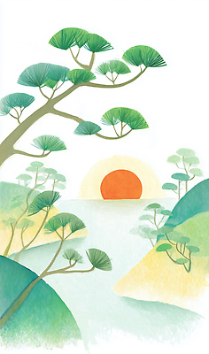 JPG 나무 일러스트 자연 하늘 나뭇잎 수채화 풍경 물 파란색 빛 태양 노란색 일출 주황색 고요 소나무 저녁 언덕 그림 수평선 국내일러스트 AI일러스트 AI콘텐츠 자연요소 식물 컬러 잎 노을 야간 생태계 파일형식