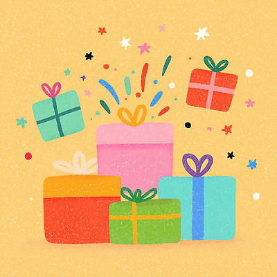 JPG 디자인 기념일 행복 컬러 백그라운드 크리스마스 무늬 일러스트 선물 이벤트 장식 상자 노란색 파티 축하 생일 즐거움 장면 뷰티풀 국내일러스트 AI일러스트 AI콘텐츠 감정 컨셉 파일형식