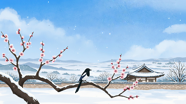 JPG 나무 동물 전통 계절 고건축 겨울 일러스트 자연 하늘 생명 한옥 한국 풍경 나뭇가지 국경일 조경 까치 고향 복사꽃 국내일러스트 AI일러스트 AI콘텐츠 식물 한국전통 건축물 기념일 꽃 아시아 조류 생태계 파일형식