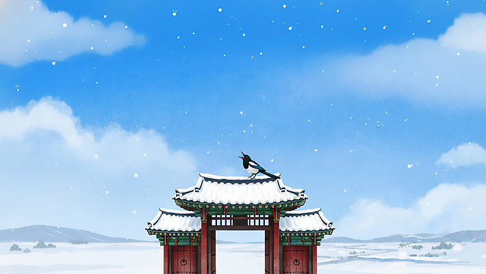 JPG 나무 동물 계절 공원 문화 겨울 일러스트 자연 조류 하늘 한옥 풍경 고요 시간 까치 조용 온도 뷰티풀 국내일러스트 AI일러스트 AI콘텐츠 식물 한국전통 공공시설 고건축 생태계 파일형식