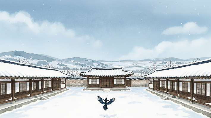 JPG 나무 전통 건축물 겨울 일러스트 하늘 산 한옥 한국 기와 풍경 건물 햇빛 정원 대문 까치 까마귀 뷰티풀 국내일러스트 AI일러스트 AI콘텐츠 식물 한국전통 계절 건축 아시아 고건축 조류 태양 문 파일형식