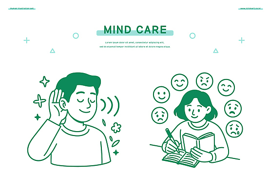 여자 남자 행복 감정 일러스트 스트레스 관리 대화 공책 듣기 슬픔 마음 표현 기록 상담 소통 이해 지원 정신건강 국내일러스트 AI파일 컨셉 모션 문구용품 건강 말하기 사람 파일형식 벡터