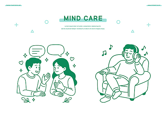 감정 여유 음악 일러스트 모션 휴식 스트레스 이야기 대화 사람 친구 소파 편안함 즐거움 소통 지원 참여 정신건강 국내일러스트 AI파일 컨셉 의자 관계 문화예술 건강 말하기 감각 파일형식 벡터