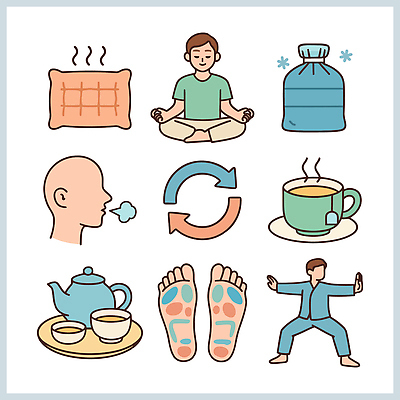 포즈 신체 일러스트 요가 휴식 스트레스 건강 생활 치료 물 거래 마음 영혼 호흡 편안함 균형 집중 명상 한의원 테라피 발마사지 국내일러스트 AI파일 자연요소 웰빙 컨셉 의학 병원 뷰티 마사지 감각 파일형식 벡터