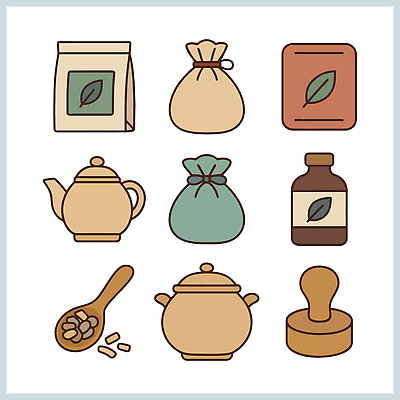 포장 주방용품 잔 수저 병원 건물 상점 다도 원예 파일형식 벡터 재료 도구 포장지 찻잔 주전자 숟가락 봉투 다기 테라리움 카페 주택 요리 음료 식물 국내일러스트 일러스트 AI파일 한의원