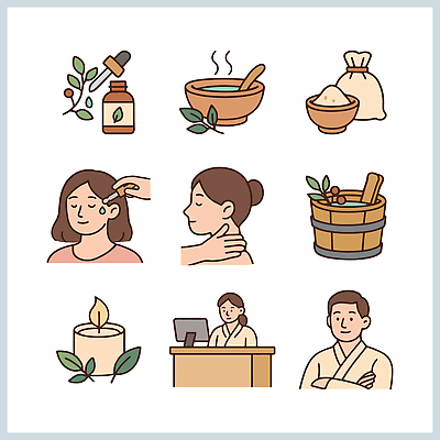 일러스트 재료 자연 건강 요리 치료 뷰티 스파 목욕 마사지 성형수술 세수 목표 상품 피부관리 한의원 성분 양조 국내일러스트 AI파일 컨셉 의학 병원 청결 수술 생태계 파일형식 벡터