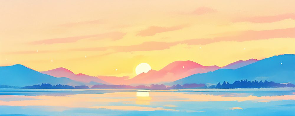 JPG 호수 여행 백그라운드 일러스트 자연 하늘 날씨 산 풍경 물 파란색 태양 반사 평화 일출 주황색 일몰 공간 시간 저녁 국내일러스트 AI일러스트 AI콘텐츠 자연요소 컬러 컨셉 노을 야간 생태계 파일형식