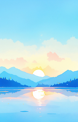 JPG 나무 호수 컬러 일러스트 자연 하늘 산 풍경 물 파란색 반짝임 태양 반사 일출 주황색 새벽 수면 조용 수평선 산맥 국내일러스트 AI일러스트 AI콘텐츠 자연요소 식물 모션 노을 생태계 파일형식