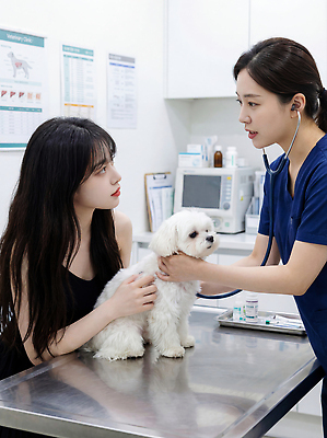 JPG 동물 편집이미지 여자 의학 건강 병원 대화 치료 진료 강아지 상담 보호자 수의사 의료성형뷰티 Care 편집실사 AI인물포토 AI콘텐츠 말하기 사람 반려동물 의사 개 CG 파일형식 AI포토