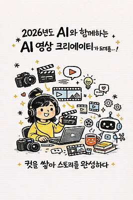 JPG 편집 디자인 일러스트 모션 기술 사람 컴퓨터 카메라 장비 작업 그림 만들기 언론 영상 비디오 스토리 창의성 창작 2026년 AI_인공지능 국내일러스트 AI일러스트 AI콘텐츠 전자제품 연도 파일형식