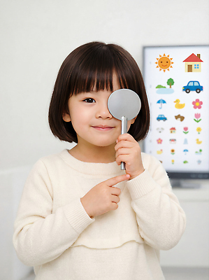 JPG 편집이미지 교육 어린이 모션 놀이 실내 웃음 학습 장난감 스크린 관찰 즐거움 그림 확대경 안과 소통 흥미 의료성형뷰티 눈건강 편집실사 AI인물포토 AI콘텐츠 감정 컨셉 표정 건강 병원 사람 내부 CG 파일형식 AI포토