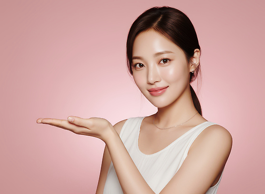 JPG 편집이미지 손 여자 얼굴 분홍색 포즈 백그라운드 표정 미소 사람 카메라 촬영 뷰티풀 의료성형뷰티 스타일 편집실사 AI인물포토 AI콘텐츠 컬러 신체부위 전자제품 CG 파일형식 AI포토