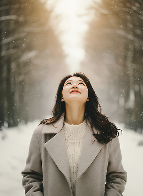 JPG 나무 편집이미지 여자 감정 길 겨울 모션 자연 하늘 풍경 눈송이 숲 의료성형뷰티 편집실사 AI인물포토 AI콘텐츠 식물 계절 눈_날씨 사람 CG 생태계 파일형식 AI포토