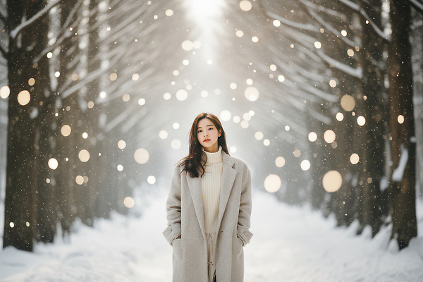JPG 나무 편집이미지 계절 여자 겨울 자연 빛 산책 코트 눈송이 숲 장면 평행 나무길 의료성형뷰티 편집실사 AI인물포토 AI콘텐츠 식물 길 휴식 눈_날씨 사람 외투 CG 생태계 파일형식 AI포토