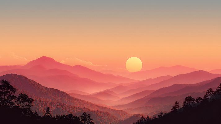 JPG 나무 편집이미지 컬러 자연 하늘 산 풍경 일출 보라색 주황색 일몰 시간 저녁 윤곽 이미지편집 AI컴퓨터그래픽 AI콘텐츠 식물 노을 야간 생태계 파일형식