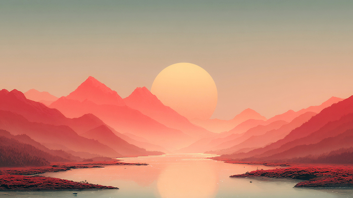 JPG 편집이미지 자연 하늘 조명 산 풍경 빨간색 물 강 태양 일출 노을 일몰 수면 저녁 풍경화 이미지편집 AI컴퓨터그래픽 AI콘텐츠 자연요소 컬러 야간 그림 생태계 파일형식