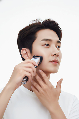 JPG 편집이미지 손 시선 남자 얼굴 백그라운드 뷰티 청결 칼날 집중 피부관리 면도기 턱 다듬기 자기관리 의료성형뷰티 편집실사 AI인물포토 AI콘텐츠 컨셉 모션 사람 신체부위 위생용품 위생 CG 파일형식 AI포토