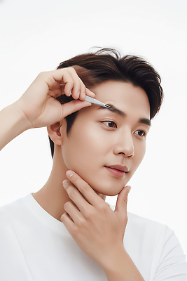 JPG 편집이미지 헤어스타일 손 남자 얼굴 뷰티 청결 거울 눈썹 집중 피부관리 정리 핀셋 턱 스타일링 피지 의료성형뷰티 편집실사 AI인물포토 AI콘텐츠 컨셉 사람 신체부위 도구 위생 피부 CG 파일형식 AI포토