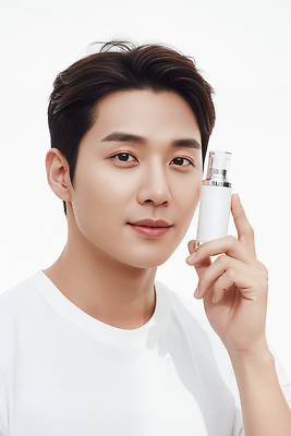 JPG 편집이미지 손 남자 얼굴 티셔츠 표정 뷰티 화장품 흰색 상품 알림 집중 피부 피부관리 스킨케어 의료성형뷰티 편집실사 AI인물포토 AI콘텐츠 컬러 컨셉 셔츠 사람 신체부위 CG 파일형식 AI포토