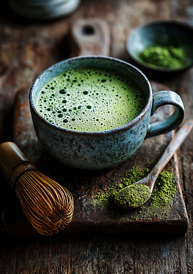 JPG 편집이미지 전통 음료 음식 탁자 건강 컵 초록색 가루 녹차 거품기 말차 편집실사 AI포토 AI콘텐츠 식기 컬러 가구 주방용품 차_음료 CG 파일형식