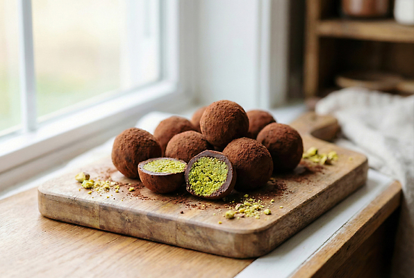 JPG 편집이미지 음식 재료 디저트 요리 유행 초콜릿 맛 창가 나무판자 피스타치오 편집실사 두바이초콜릿 AI포토 AI콘텐츠 트러플 두바이쫀득쿠키 컨셉 창문 목재 버섯 견과류 CG 파일형식