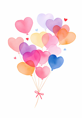 JPG 모양 디자인 행복 감정 줄 분홍색 컬러 백그라운드 일러스트 수채화 사랑 이벤트 여러명 장식 파티 보라색 주황색 흰색 하트 묶기 풍선 국내일러스트 AI일러스트 AI콘텐츠 다수 모션 사람 파일형식