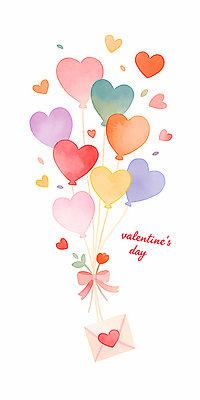 JPG 디자인 커플 기념일 컬러 일러스트 수채화 기념 발렌타인데이 선물 사랑 이벤트 장식 축제 하트 축하 풍선 비극 국내일러스트 AI일러스트 AI콘텐츠 모양 감정 컨셉 관계 데이이벤트 파일형식