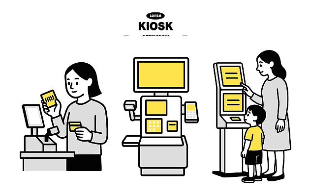 여자 어린이 음식 일러스트 전자제품 쇼핑 숫자 상점 스크린 기계 거래 대기 종업원 계산대 고객 서비스 결제 세금 키오스크 국내일러스트 AI파일 직업 문자 사람 파일형식 벡터