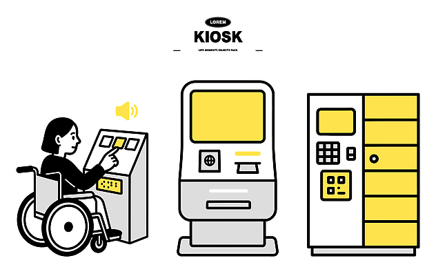 일러스트 버튼 기술 사람 디지털 스크린 기계 공간 정보 선택 장애인 서비스 휠체어 옵션 기능 키오스크 사용자 상호작용 국내일러스트 AI파일 컨셉 장애 파일형식 벡터