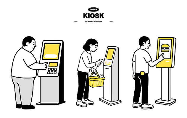 음식 일러스트 기술 사람 쇼핑 바구니 디지털 스크린 식당 기계 대기 선택 고객 서비스 주문 편리함 점포 키오스크 국내일러스트 AI파일 컨셉 상점 파일형식 벡터