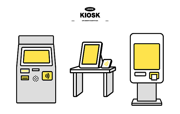 일러스트 탁자 기술 디지털 기계 다양 정보 선택 서비스 메뉴 결제 설비 위치 QR코드 인터페이스 키오스크 사용자 접근 상호작용 국내일러스트 AI파일 가구 다수 컨셉 시설 파일형식 벡터