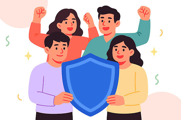 디자인 행복 감정 컬러 포즈 일러스트 모션 협력 웃음 사람 손짓 친구 기쁨 모임 만남 축하 표현 그룹 동료 장면 방패 국내일러스트 AI파일 컨셉 관계 표정 파일형식 벡터