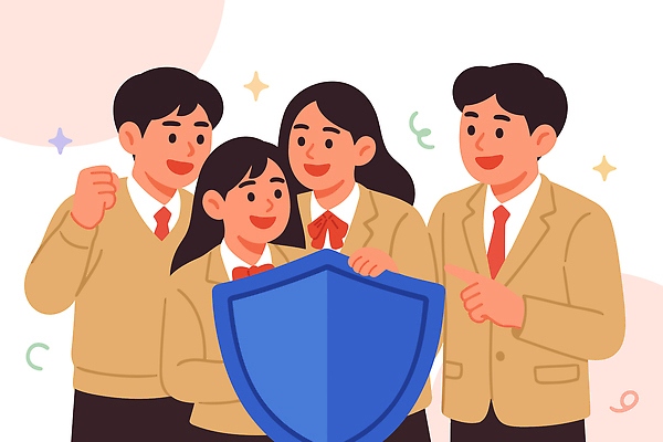 학생 교복 일러스트 학교 모션 청소년 협력 표정 대화 웃음 안전 친구 학습 모임 그룹 즐거움 방패 지원 국내일러스트 AI파일 옷 교육 감정 관계 말하기 사람 파일형식 벡터