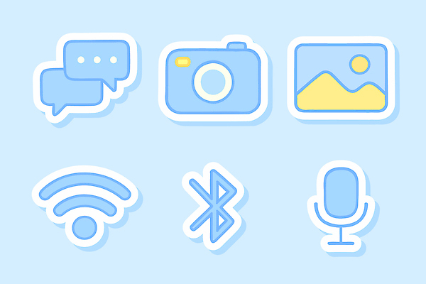 아이콘 디자인 백그라운드 기술 파란색 컴퓨터 장비 도구 마이크 와이파이 이미지 블루투스 소통 채팅 2D아이콘 AI파일 컬러 음향기기 컨셉 전자제품 무선인터넷 파일형식 벡터