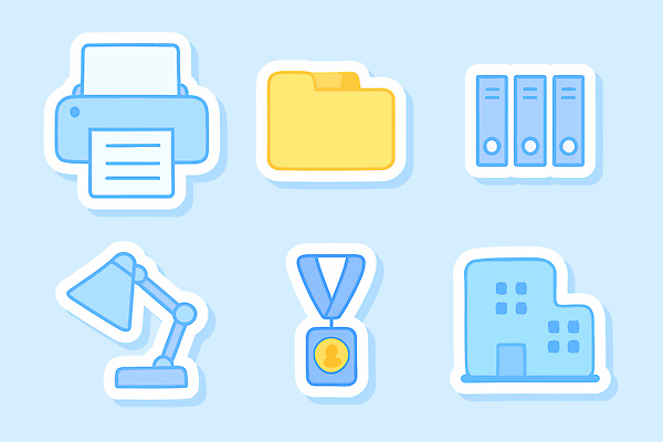 아이콘 디자인 조명 건물 사무실 사무용품 작업 인쇄기 메달 문서 폴더 바인더 2D아이콘 AI파일 건축물 비즈니스 문구용품 전자제품 파일 상_상패 파일형식 벡터