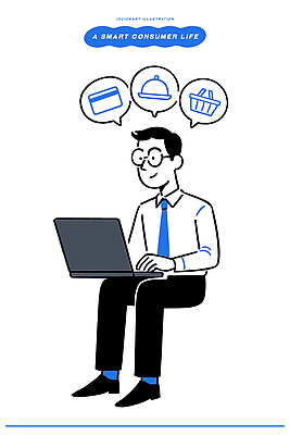 남자 일러스트 기술 생활 노트북 사무실 디지털 정보 작업 선택 소비 구매 계획 상품 고객 결제 온라인쇼핑 스타일 국내일러스트 AI파일 컨셉 비즈니스 사람 전자제품 쇼핑 온라인 파일형식 벡터