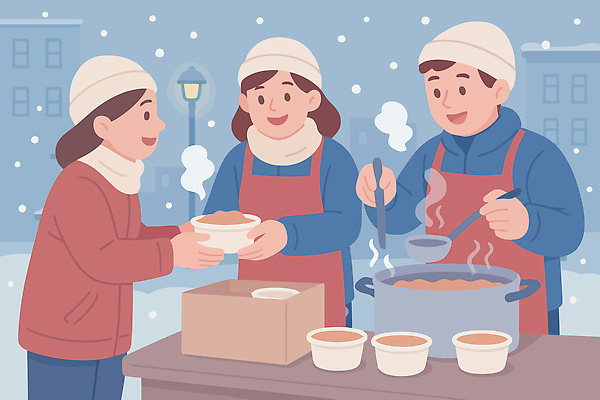 그릇 겨울 일러스트 모션 거리 주택 요리 사람 여러명 마을 모임 봉사 수프 국 연료 나눔 배급 자선 국내일러스트 AI파일 식기 계절 음식 다수 건물 도움 파일형식 벡터