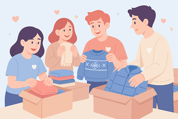 옷 상의 겨울 일러스트 바지 모션 협력 따뜻함 여러명 친구 상자 봉사 도움 그룹 분위기 스웨터 정리 나눔 기부 국내일러스트 AI파일 계절 다수 컨셉 관계 하의 사람 파일형식 벡터