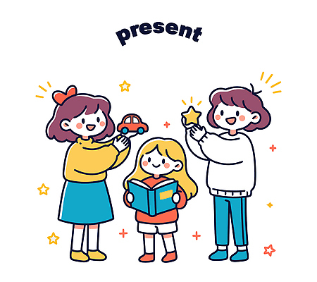 기념일 행복 어린이 일러스트 가족 모션 함께함 선물 웃음 이벤트 책 친구 반짝임 장난감 파티 기쁨 모임 축하 생일 국내일러스트 AI파일 감정 컨셉 관계 표정 사람 파일형식 벡터