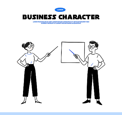일러스트 비즈니스 회의 대화 설명 사람 두명 사무실 믿음 스크린 정보 발표 막대기 토론 스케치 프레젠테이션 준비 전달 서류판 국내일러스트 AI파일 감정 모션 말하기 미술 사무용품 파일형식 벡터
