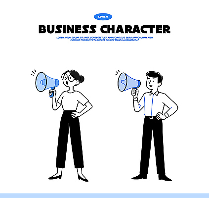 캐릭터 디자인 여자 남자 일러스트 비즈니스 모션 회의 이야기 여러명 소리 표현 발표 메시지 군중 마이크 전달 목소리 의사소통 국내일러스트 AI파일 음향기기 다수 사람 파일형식 벡터