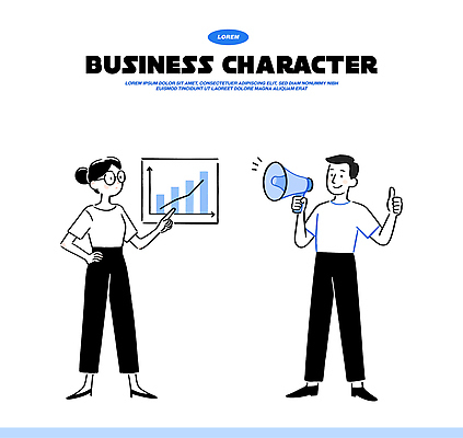 캐릭터 일러스트 비즈니스 모션 성공 그래프 협력 직장 대화 사람 소리 정보 직장인 발표 계획 프레젠테이션 전략 의견 소통 마케팅 서류판 국내일러스트 AI파일 직업 컨셉 회사 말하기 사무용품 파일형식 벡터