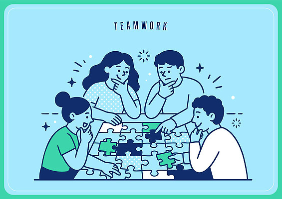 컬러 조각 생각 일러스트 모션 탁자 협력 사람 다양 모임 게임 시간 퍼즐 즐거움 맞추기 문제해결 방법 창의성 국내일러스트 AI파일 감정 가구 다수 놀이 파일형식 벡터